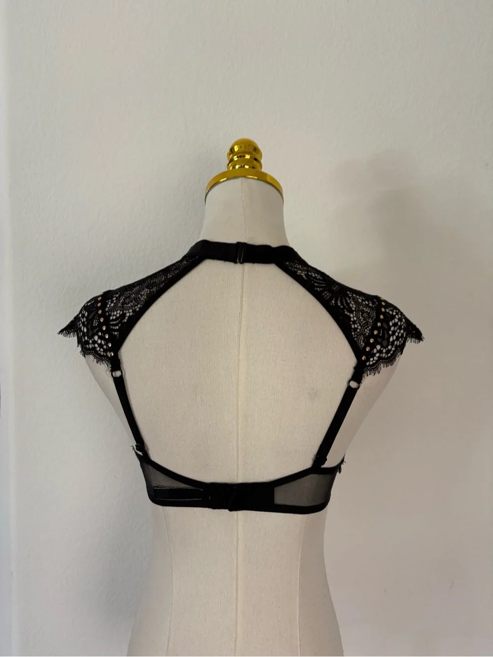 Victoria's Secret Black Lace High-Neck Studded Bralette with Nude Underlay